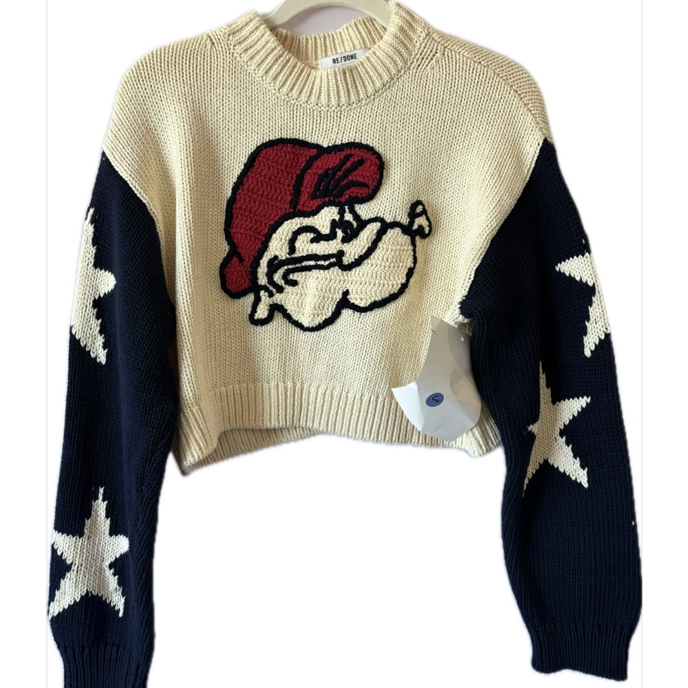 RE/DONE RARE Popeye Cream and Navy Designer Sweater with Red Accent.